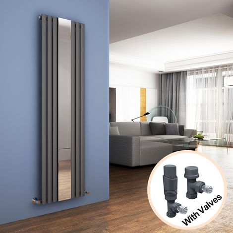 ELEGANT Vertical Column Designer Radiator Anthracite Oval Single Panel Rad 1800 x 500mm with Mirror + Thermostatic Radiator Valves (1/5)