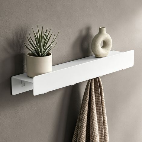 doporro Wandgarderobe mit Ablage, Garderobenleiste 40 cm mit 4 Garderobenhaken Sandweiß, Hakenleiste aus Metall,Kleiderhaken Wand zum Schrauben oder Kleben, Flurgarderobe für Flur, Bad, Küche, Stalo-1 (1/5)