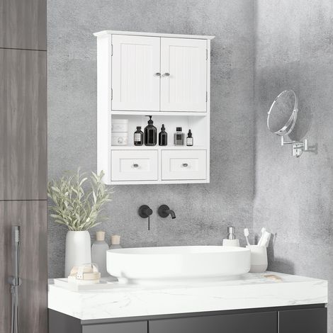 Blanc - Armoire murale de salle de bain à 2 portes avec étagère ouverte et 2 tiroirs, le couloir et le salon