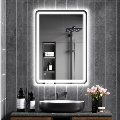 Espejo de baño con luz LED, espejo de pared de 70x100cm con 3 colores regulables, función de memoria, antivaho, interruptores táctiles, cristal templado, IP44, horizontal/vertical.