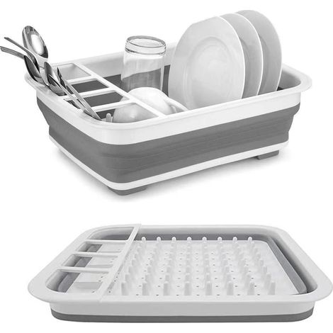 Égouttoir Vaisselle Pliable Gris et Blanc 34.5x28x10cm 4 Compartiments Ustensiles 64 Piliers Drainage Rapide Cuisine Compact (1/4)