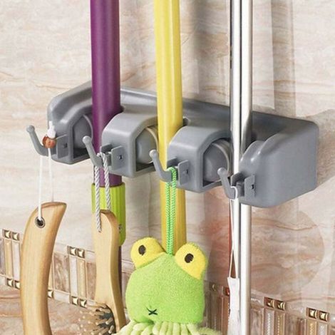 Multifunctional Wall Mounted Broom Holder Mop Hook Holder No Drilling Storage Hanger Holder for Kitchen Laundry Garden Garage (3 Slots and 4 Hooks) (1/5)