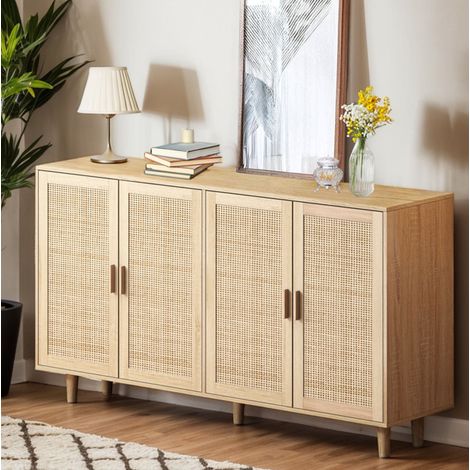 Credenza alta in legno 158 cm con 4 ante decorate in rattan, mobile contenitore per camera da letto, soggiorno e ufficio (1/5)