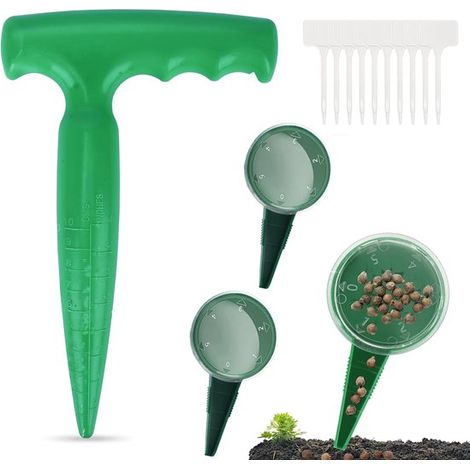Jardinière - 5 pièces - Outils de jardin - 3 semoirs - 1 perforatrice - 10 étiquettes pour plantes - Jardinière avec poignée - Graines d'oignons - Forme en T - Creuser des trous facilement - Convient  (1/5)
