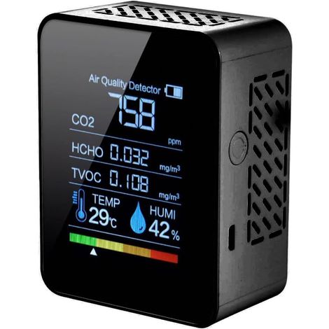 5 in 1 Carbon Dioxide Detector CO2 Indoor Air Quality Detector Digital TVOC HCHO Meter Temperature and Humidity Monitor Backlight Tester (Black) (1/5)