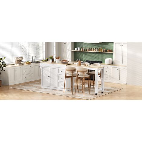 Cet îlot de cuisine rétractable sur roulettes, avec porte-épices et tiroirs, est idéal pour les cuisines et les salles à manger (blanc). (1/5)
