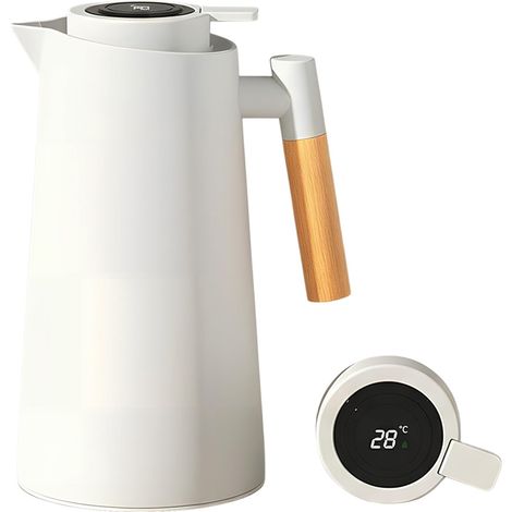 Pichet Isotherme, 1L Carafe à Café Thermique, Thermos Sous Vide Isolé, Manche En Bois, Pour Le Café Au Thé Chaud Et Froid(Blanc) (1/5)