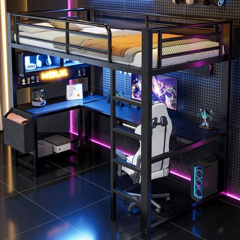 Lit mezzanine gaming 90x200 cm avec bureau, tablette pour clavier, compartiments de rangement, LED et station de recharge, noir (1/5)