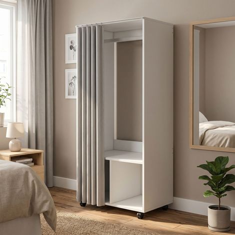 Armoire penderie armoire de rangement mobile avec rideau, tringle de suspension, 60 x 40 x 128 cm, blanc (1/5)