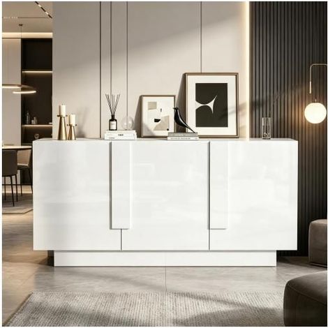 Buffet 160x35x60cm - Portes blanc brillant et 3 placards - Buffet salon - 6 compartiments réglables, design moderne, grand espace (1/5)
