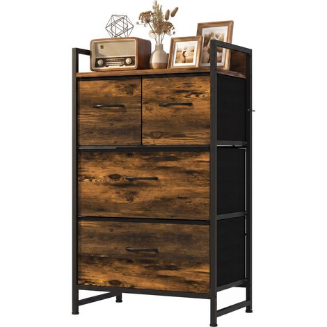 Commode en tissu avec 4 tiroirs pliants et structure en acier, style industriel pour salon, 60 x 29 x 85 cm, marron rustique (1/5)
