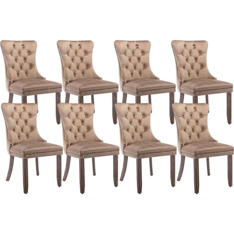 Lot de 8 chaises de salle à manger en velours, capitonnées, dossier haut, pieds bois massif (1/5)