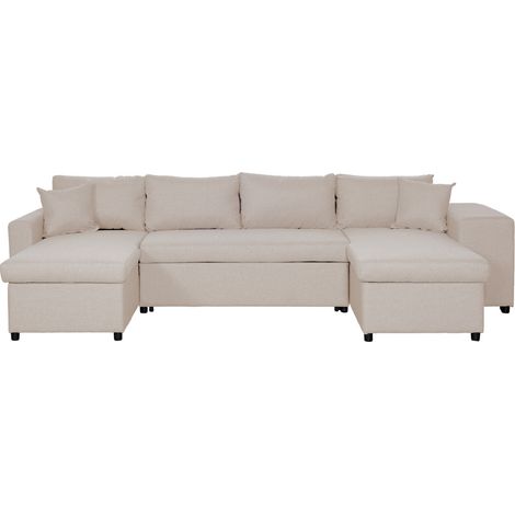 Loungitude – Canapé d'angle panoramique convertible 6 places avec coffres de rangement – Dimensions 311 x 146 x 81 cm – Tissu beige (1/5)