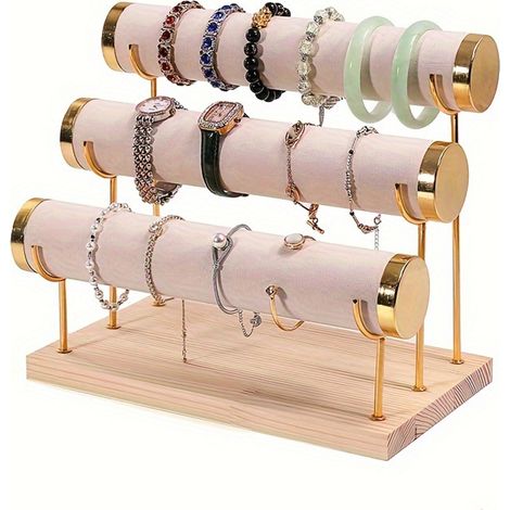 Dreistöckiger Armbandständer, Schmuckständer aus Schmiedeeisen mit Holzsockel, multifunktionale Tischuhr und Armbandorganizer, Schmucktürme – Beige