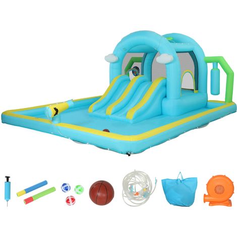 Château gonflable aquatique 7 en 1 avec soplador, 2 toboggans, trampoline, piscine, panier, colonne de boxe 426x360x198 cm