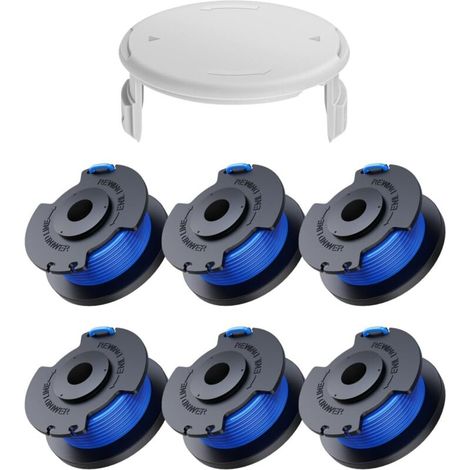 Lot de 6 bobines de rechange pour débroussailleuses Ryobi One+ AC14RL3A 18 V, 24 V, 40 V, diamètre de bobine 1,6 mm, longueur 20,11 m (6 bobines, 1 capuchon) (1/2)