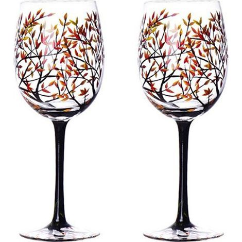 Verre à Vin Arbre D'Automne 2 PièCes - Couleurs D'Automne - Feuilles de Rouge, Jaune, Orange - Peint à La Main - Feuille D'Automne (1/5)