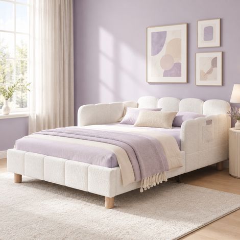 Lit enfant 90 x 200 cm avec barrières anti-chute et tête de lit rembourrée bouclette beige HAVRYA (1/5)