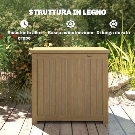 Coffre de jardin 130L en bois brun, 63x51x58.5 cm, avec couvercle à charnières et sangle de fixation. (1/5)