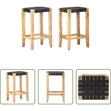 Chaise de bar -  Tabourets de bar lot de 2 noir cuir véritable 75 cm (1/5)
