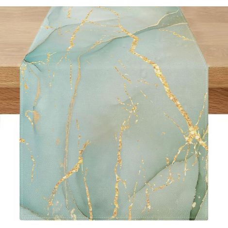 Chemin de table aspect marbre gris vert or 40x140 cm lavable aspect lin