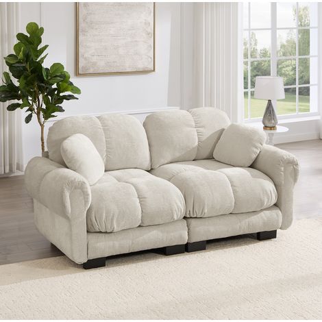 Sofá de 2 plazas (190x86x90 cm), modular, con cojines acolchados, respaldo curvo, chenilla, beige claro (1/5)