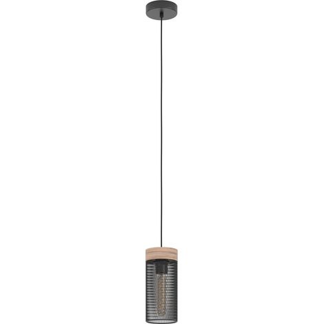 EGLO Hängelampe Klinsdale, Pendelleuchte Esstisch 1-flammig, Industrial Esszimmerlampe aus Holz in Nussbaum und Metall in Schwarz, Gitter Hängeleuchte mit E27 Fassung