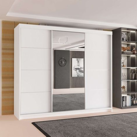 Modern 3 Door Sliding Wardrobe 250cm, Spacious Storage with Shelves & Hanging Rails, Space Saving Bedroom Furniture - White 250cm (1/4)