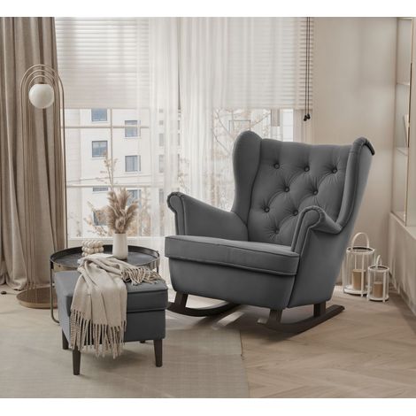 Schaukelsessel Ohrensessel Sessel NINON inkl. Hocker in Stoff Trinity Dunkelgrau