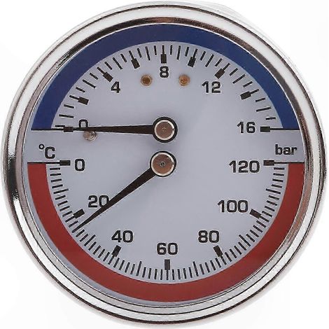 Thermomètre manométrique métallique pour chauffage au sol, 0-120°C, 0-16Bar, manomètre à double échelle pour surveillance de chaudière, solution de contrôle de température et pression. (1/5)