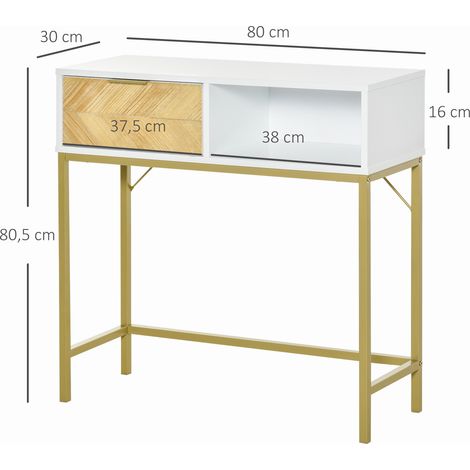 Consolle HOMCOM per ingresso, mobile moderno per corridoio con cassetto e ripiano aperto, 80x30x80,5 cm, bianco e oro (1/5)