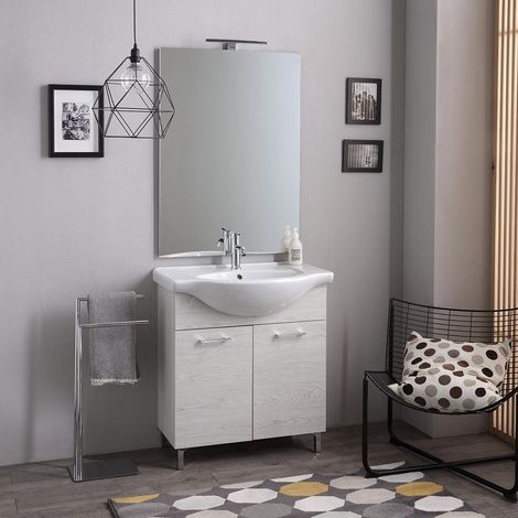 Mobile Bagno A Terra 75Cm Quercia Bianco Effetto Legno  Rimini