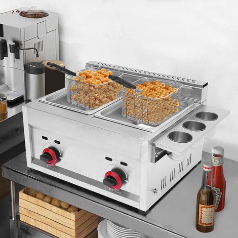 Professional Gas Fryer, 6L Countertop Gas Fryer, Propane, Stainless Steel, for Kitchen, Outdoor Use, Round, 2 Burners