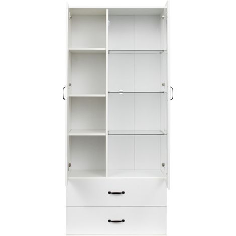 Weiße LED-Vitrine mit 2 Türen, 2 Schubladen und Glasböden 59,5 x 35 x 182 cm MODENUIT (1/5)