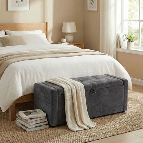 Coffre rangement 142l Gris 200 kg siège large rembourré lin capacité foncé
