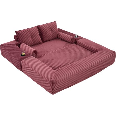 Canapé convertible 2 places en tissu côtelé bordeaux, avec coussins mémoire, poches latérales et porte-gobelet, pour petit salon ou studio  CHICFURN (1/5)
