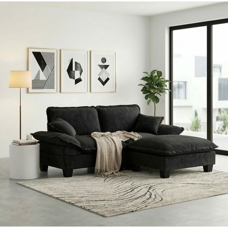 Divano angolare modulare in chenille nera 194x151x90 cm con pouf mobile e 2 cuscini (1/5)