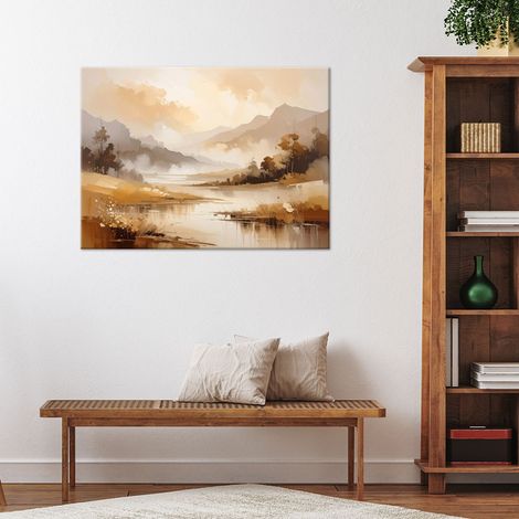 Wandbild Pastellfarbene Landschaft mit Bergen und Bäumen Naturlandschaft Beige 60x40 (1/4)
