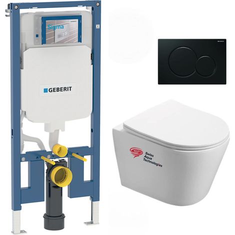 Pack WC Bati Geberit extra-plat + Cuvette Swiss Aqua Technologies sans bride fixations invisibles + plaque (SLIM-Infinitio-A)
