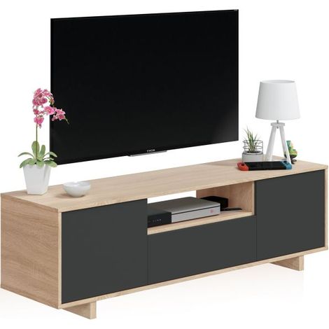 Mueble TV con almacenaje oculto 150 cm Lino Roble Canadian - Antracita (ancho) x 47cm (alto) (1/5)