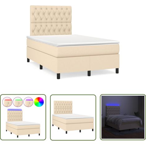The Living Store Sommier à lattes de lit matelas et LED crème 120x190 cm tissu - Sommier Tapissier - Lit Double - Matelas - Éclairage Led - Têtière Ajustable (1/5)