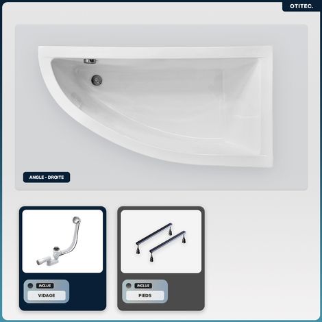 Baignoire asymétrique - 140 x 70 cm - Droite - sans Habillage - avec Pieds - Vidage Chrome - PRAKTIKA