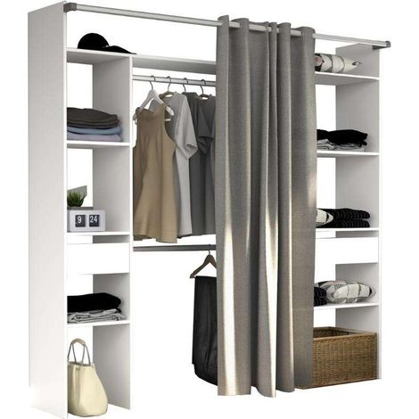 Vestidor Modular Abierto Custom en Color Blanco Incluye  Modulo D + G con 8 Estantes, 2 Cajones, Cortina y 2 Barras  198x200x48 cm