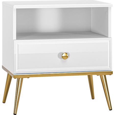 Nachttisch in weiß Hochglanz mit goldfarbenen Griffen und Füßen GUBIN-131 geeignet für Boxspringbetten, B/H/T: ca. 50/54/34 cm (1/5)