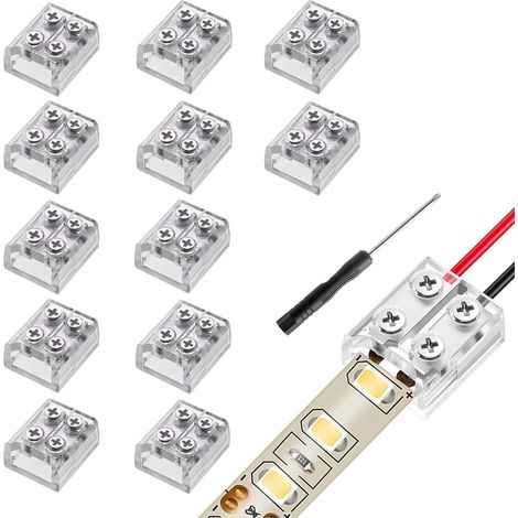 12Pièces connecteur ruban led 2 broches 10mm, bornier à vis connecteur 2 broches 10mm avec tournevis pour éclairage de bande LED 5-24 V (transparent) (1/5)