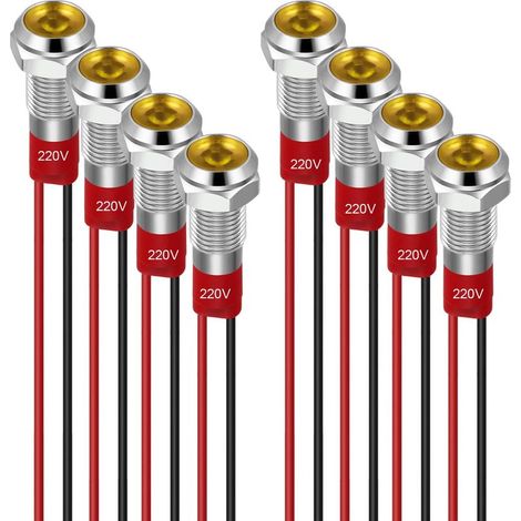 8 Stück 6-mm-LED-Anzeigeleuchten, 220–230 V, wasserdicht, für Metalleinbau, Flachkopf mit Kabeln, silbernes Gehäuse, gelb (1/5)