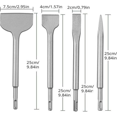 Ensemble de 4 burins à béton, jeu de forets pour marteau perforateur, comprenant un burin pointu, un burin plat de 20 mm, 40 mm et 75 mm (1/5)