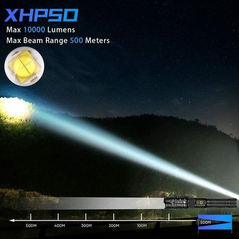 Torcia LED ultra potente da 10000 lumen, torcia militare tattica ricaricabile tramite USB con 5 modalità, impermeabile IPX4, batteria inclusa (1/3)