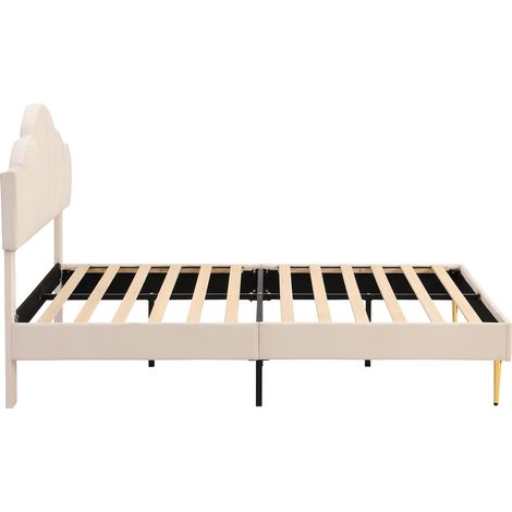 Cama doble tapizada en terciopelo beige 140 x 190 cm, cabecero concha ajustable (1/5)