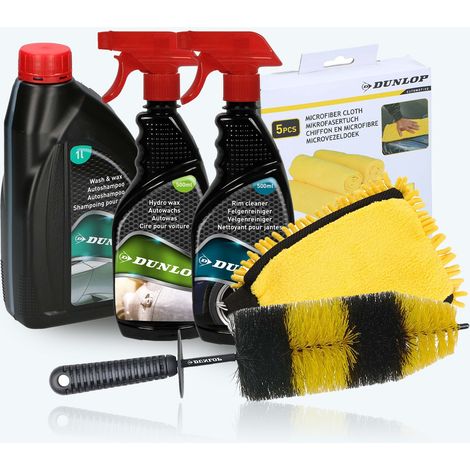 Dunlop Pack Nettoyage Voiture - Shampoing 1L + Cire 500ml + Nettoyant Jantes 500ml + Brosse + Gant + 5 Microfibres (1/5)